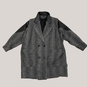 Vintage Lady Suzette Leather Trim Wool Tweed Coat | Made in USA, 90s Oversized